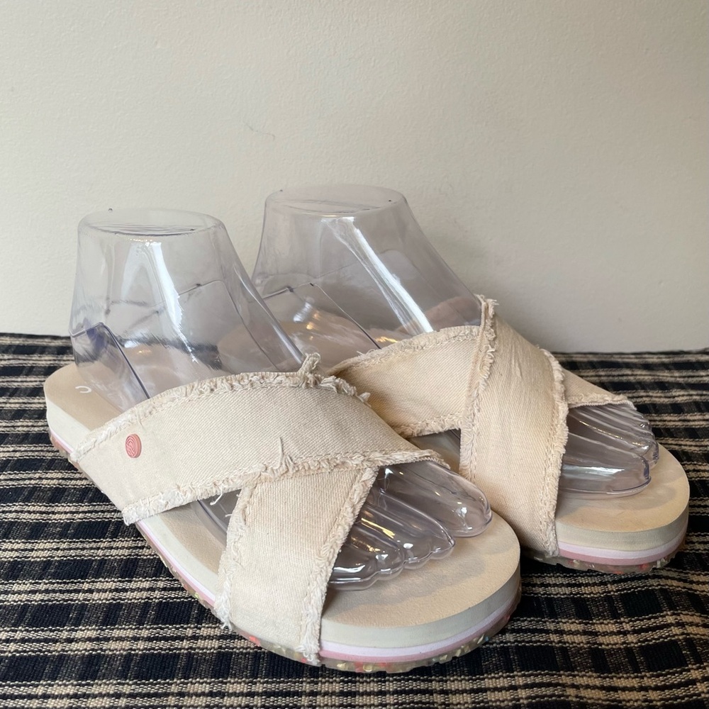 Vionic Beach Women's Size 6 Beige Cream Panama Criss Cross Sandals Frayed  #586